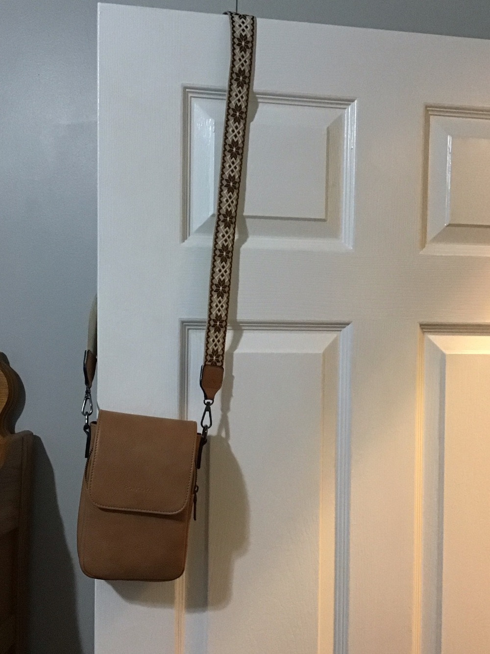 Tan Crossbody Phone Bag with Patterned Strap